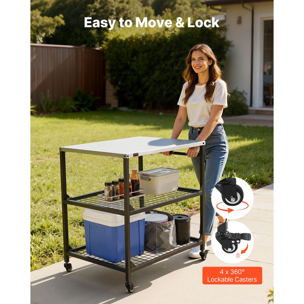 VEVOR Outdoor Grill Cart, 31.5 x 24.0 inch Stainless Steel Tabletop Size Grilling Table, Outdoor Cooking Table with 4 Wheels & Side Handle, Two Mesh Shelves, BBQ Prep Tables for Patio, Garden