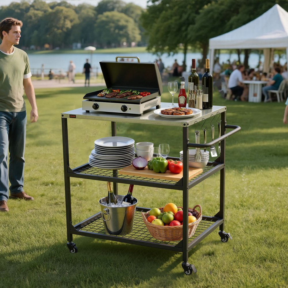 VEVOR Outdoor Grill Cart, 31.5 x 24.0 inch Stainless Steel Tabletop Size Grilling Table, Outdoor Cooking Table with 4 Wheels & Side Handle, Two Mesh Shelves, BBQ Prep Tables for Patio, Garden