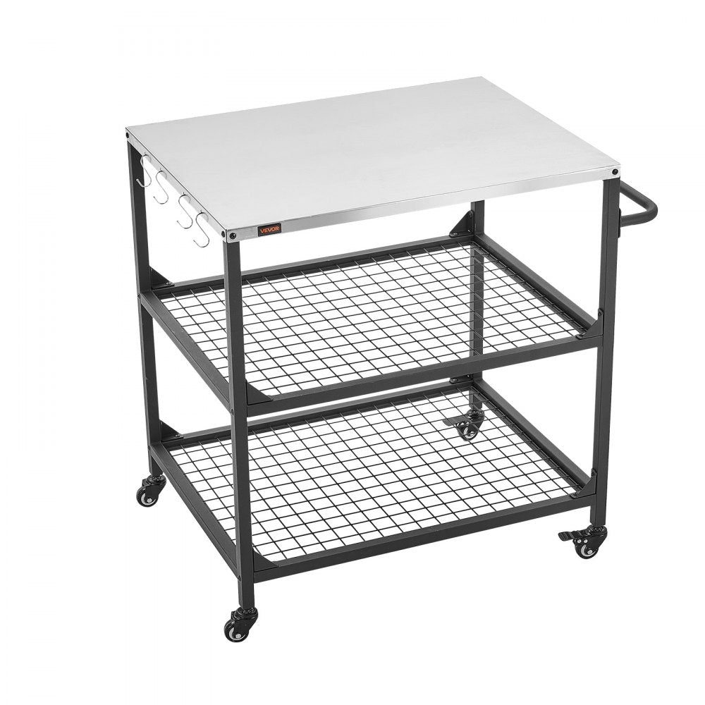 VEVOR Outdoor Grill Cart, 31.5 x 24.0 inch Stainless Steel Tabletop Size Grilling Table, Outdoor Cooking Table with 4 Wheels & Side Handle, Two Mesh Shelves, BBQ Prep Tables for Patio, Garden
