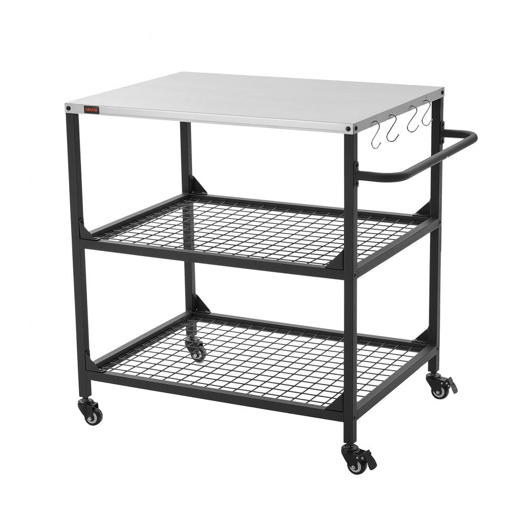 VEVOR Outdoor Grill Cart, 31.5 x 24.0 inch Stainless Steel Tabletop Size Grilling Table, Outdoor Cooking Table with 4 Wheels & Side Handle, Two Mesh Shelves, BBQ Prep Tables for Patio, Garden
