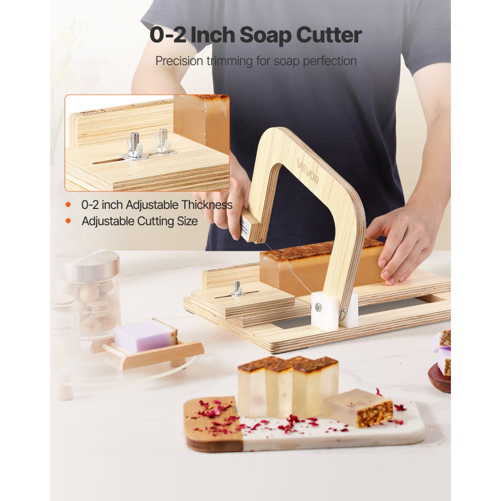 VEVOR Soap Cutter, 0-2 inch Adjustable Thickness, Wood Soap Slicer with Stainless Steel Adjustable Wire Tension, with Extra Wires, Multi Handmade Cutter for Candles, DIY Making Cutting Tool