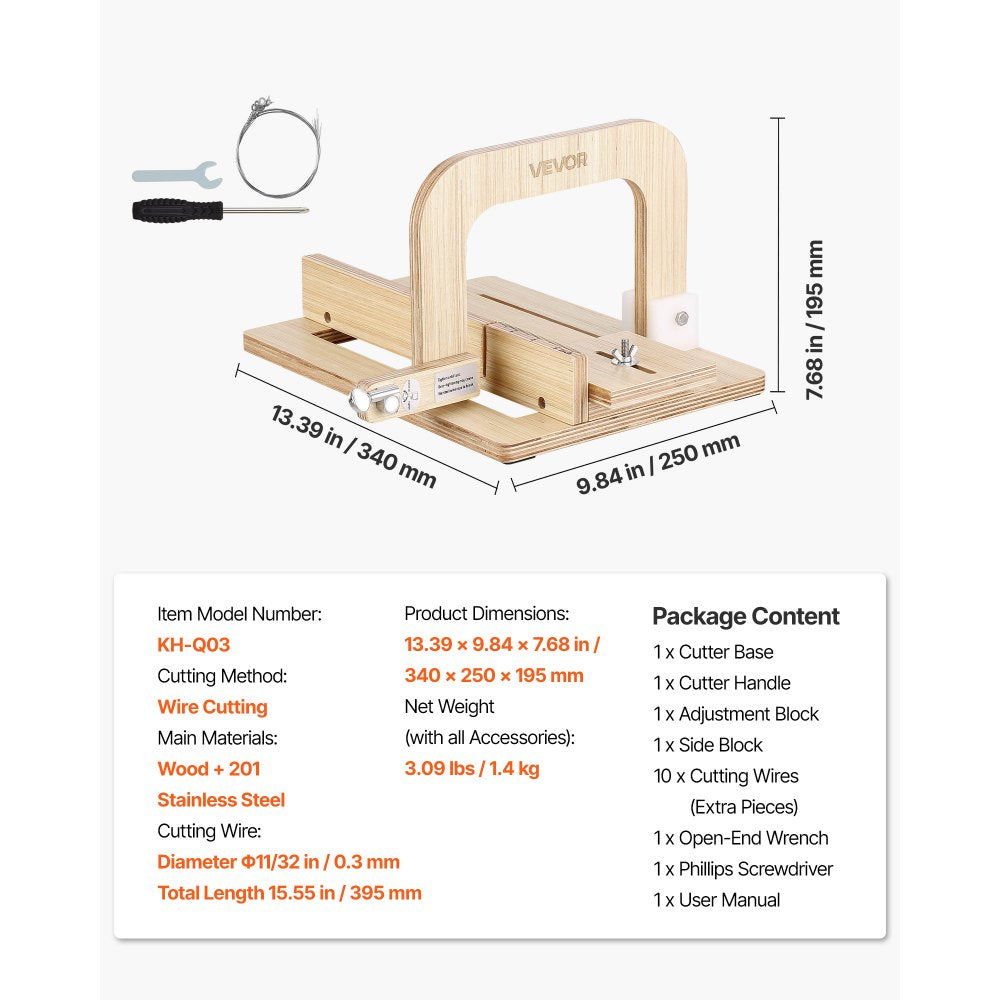 VEVOR Soap Cutter, 0-2 inch Adjustable Thickness, Wood Soap Slicer with Stainless Steel Adjustable Wire Tension, with Extra Wires, Multi Handmade Cutter for Candles, DIY Making Cutting Tool