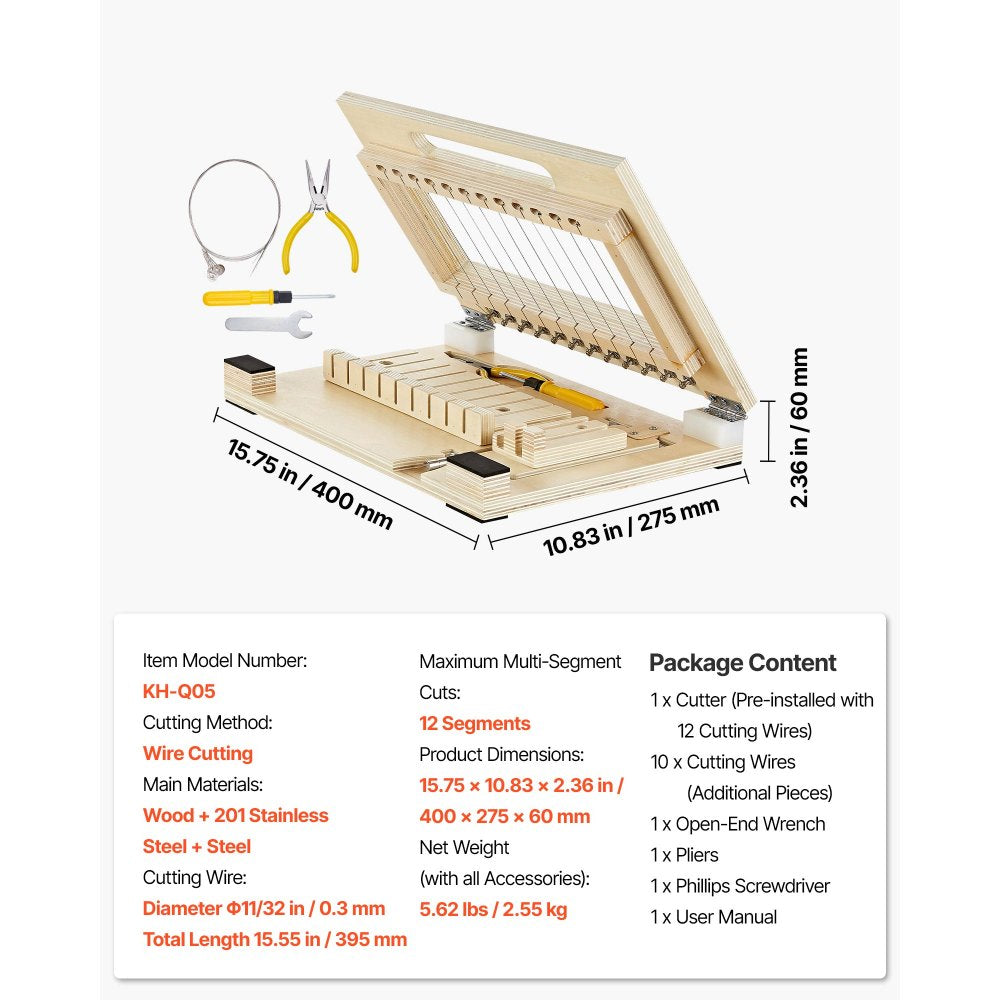 VEVOR Soap Cutter, Cut 1-12 Bars, Precisely and Accurately Cut 1" Bars, Wood Frame With Stainless Steel Wire, with Extra Wires, Multi Handmade Soap Wire Cutter for Candles, DIY Making Cutting Tool