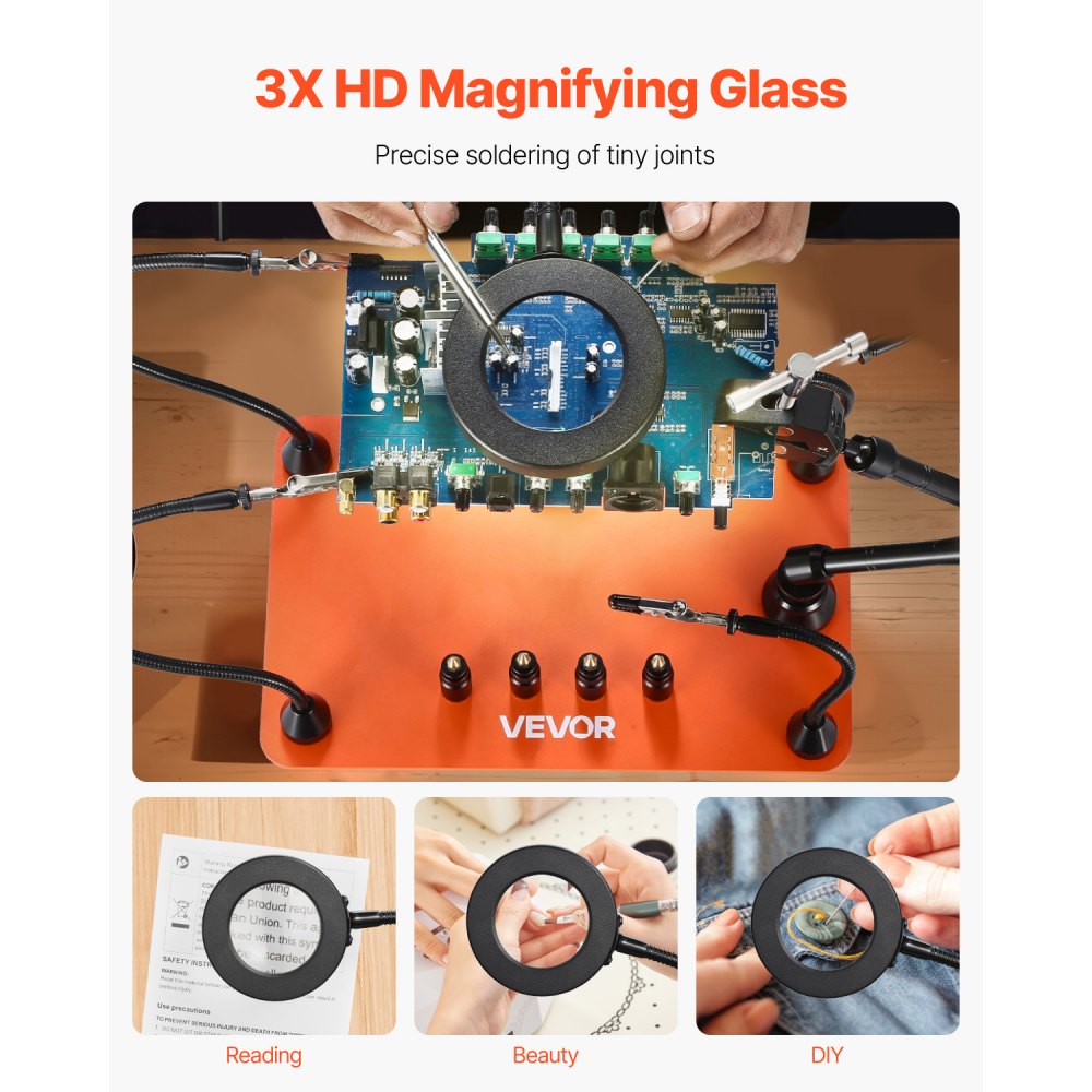 VEVOR Magnetic Helping Hands Soldering Station, Third Hand Soldering Tool with 3X LED Magnifying Lamp, 4 PCB Holders & 360 Hot Air Gun Holder, Heavy-Duty Base Station for Electronic Repair Craft Hobby