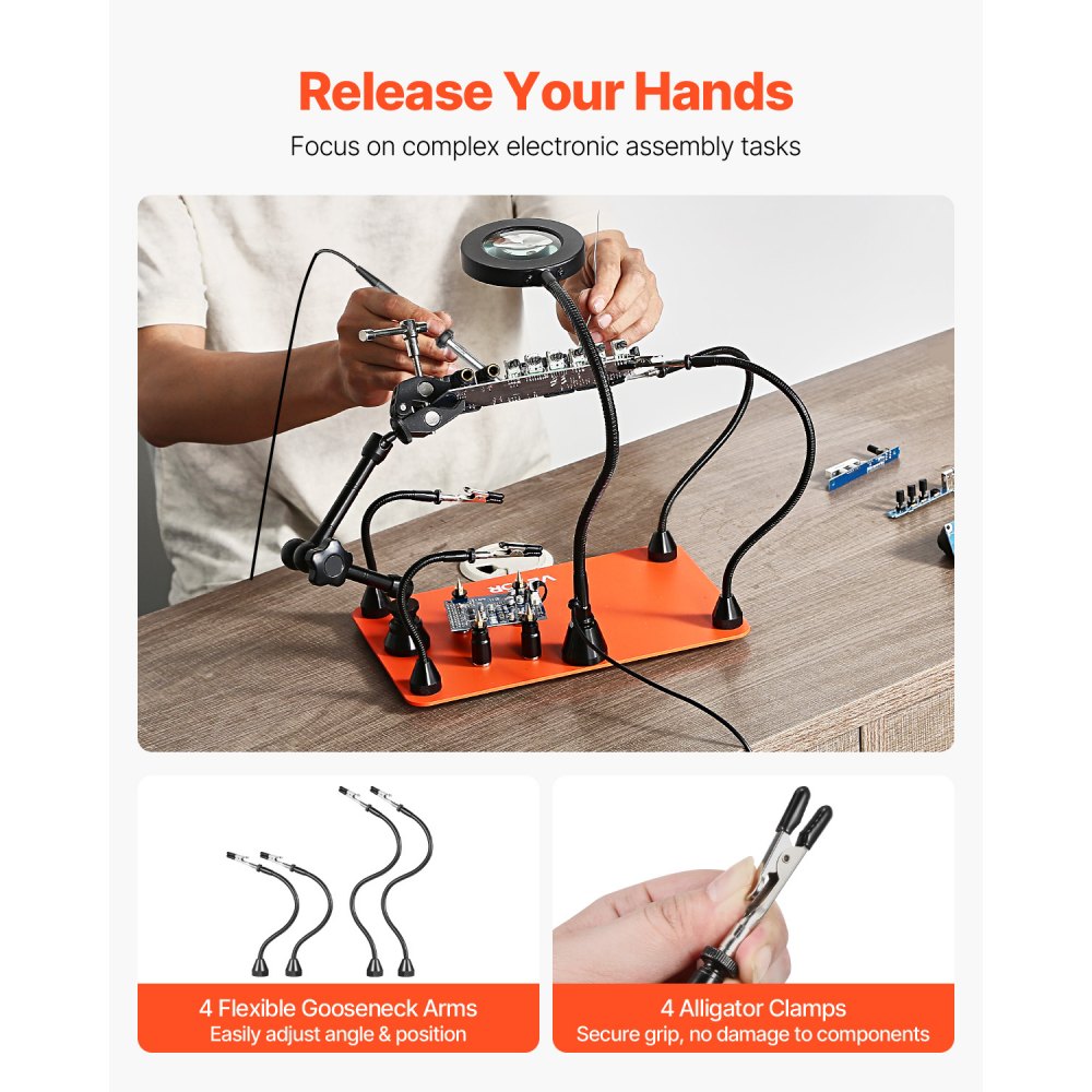 VEVOR Magnetic Helping Hands Soldering Station, Third Hand Soldering Tool with 3X LED Magnifying Lamp, 4 PCB Holders & 360 Hot Air Gun Holder, Heavy-Duty Base Station for Electronic Repair Craft Hobby