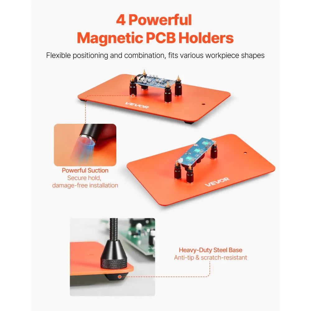 VEVOR Magnetic Helping Hands Soldering Station, Third Hand Soldering Tool with 3X LED Magnifying Lamp, 4 PCB Holders & 360 Hot Air Gun Holder, Heavy-Duty Base Station for Electronic Repair Craft Hobby