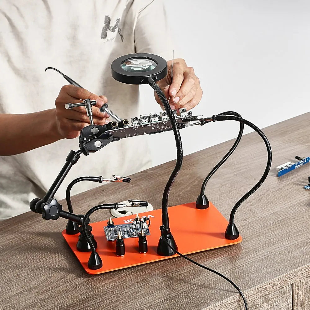 VEVOR Magnetic Helping Hands Soldering Station, Third Hand Soldering Tool with 3X LED Magnifying Lamp, 4 PCB Holders & 360 Hot Air Gun Holder, Heavy-Duty Base Station for Electronic Repair Craft Hobby