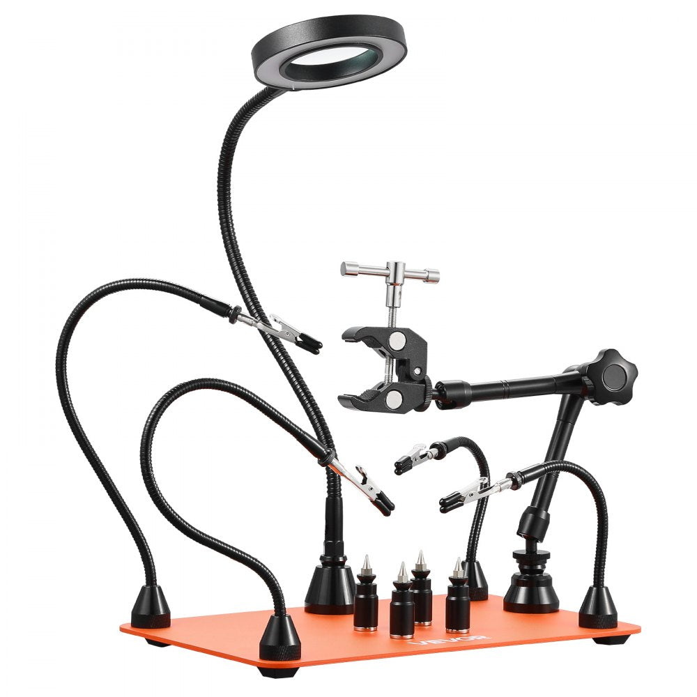 VEVOR Magnetic Helping Hands Soldering Station, Third Hand Soldering Tool with 3X LED Magnifying Lamp, 4 PCB Holders & 360 Hot Air Gun Holder, Heavy-Duty Base Station for Electronic Repair Craft Hobby