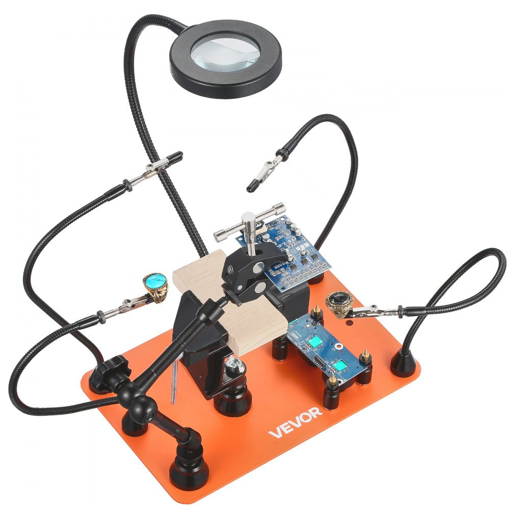 VEVOR Magnetic Helping Hands Soldering Station, Third Hand Soldering Tool with 3X LED Magnifying Lamp, 4 PCB Holders & 360 Hot Air Gun Holder, Heavy-Duty Base Station for Electronic Repair Craft Hobby