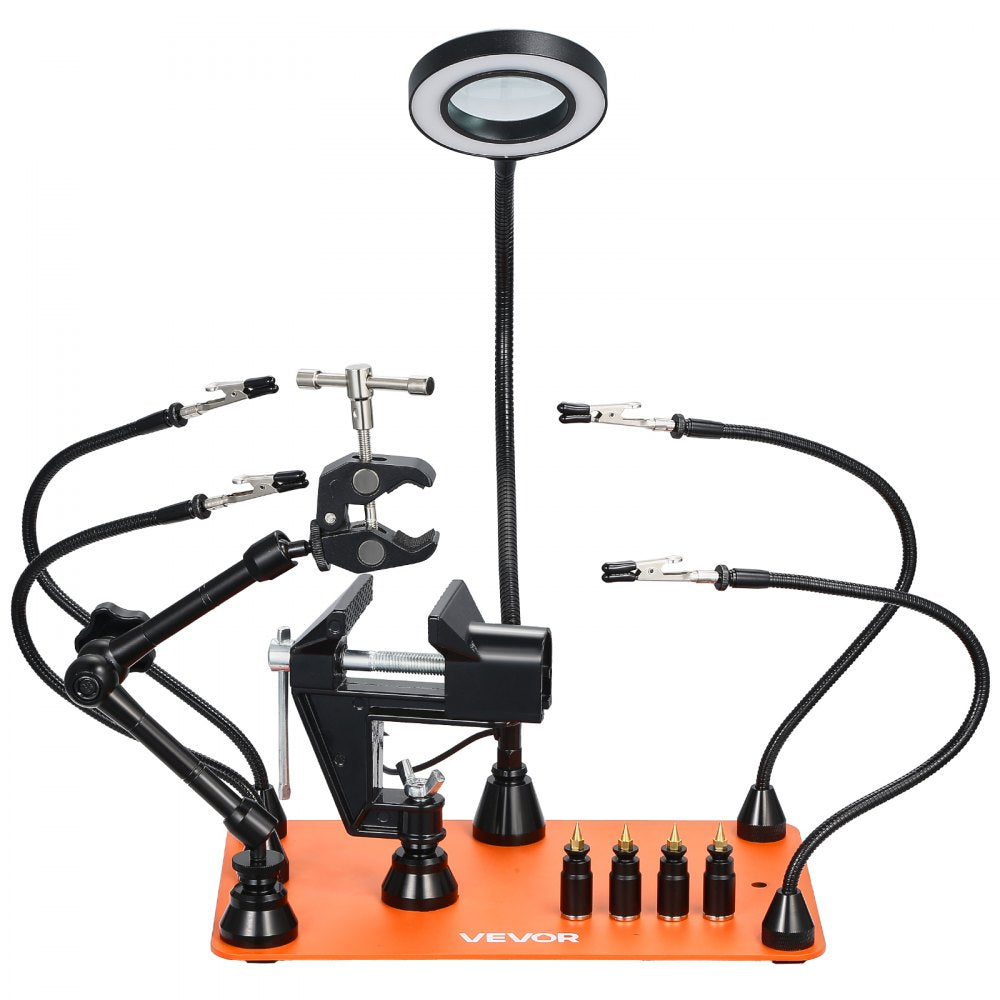 VEVOR Magnetic Helping Hands Soldering Station, 4 Arms Third Hand Tool, with Vise, 3X LED Magnifying Lamp, 4 PCB Holder & 360 Hot Air Gun Holder, Soldering Helper for Electronic Repair Craft Hobby DIY