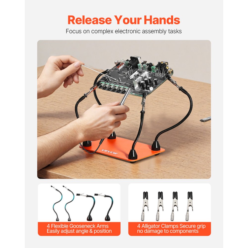 VEVOR Magnetic Helping Hands Soldering Station, 4 Flexible Arms Third Hand Tool, with 6 PCB Pillar Holders & 360 Hot Air Gun Holder, Heavy-Duty Base Soldering Helper for Electronic Repair Craft