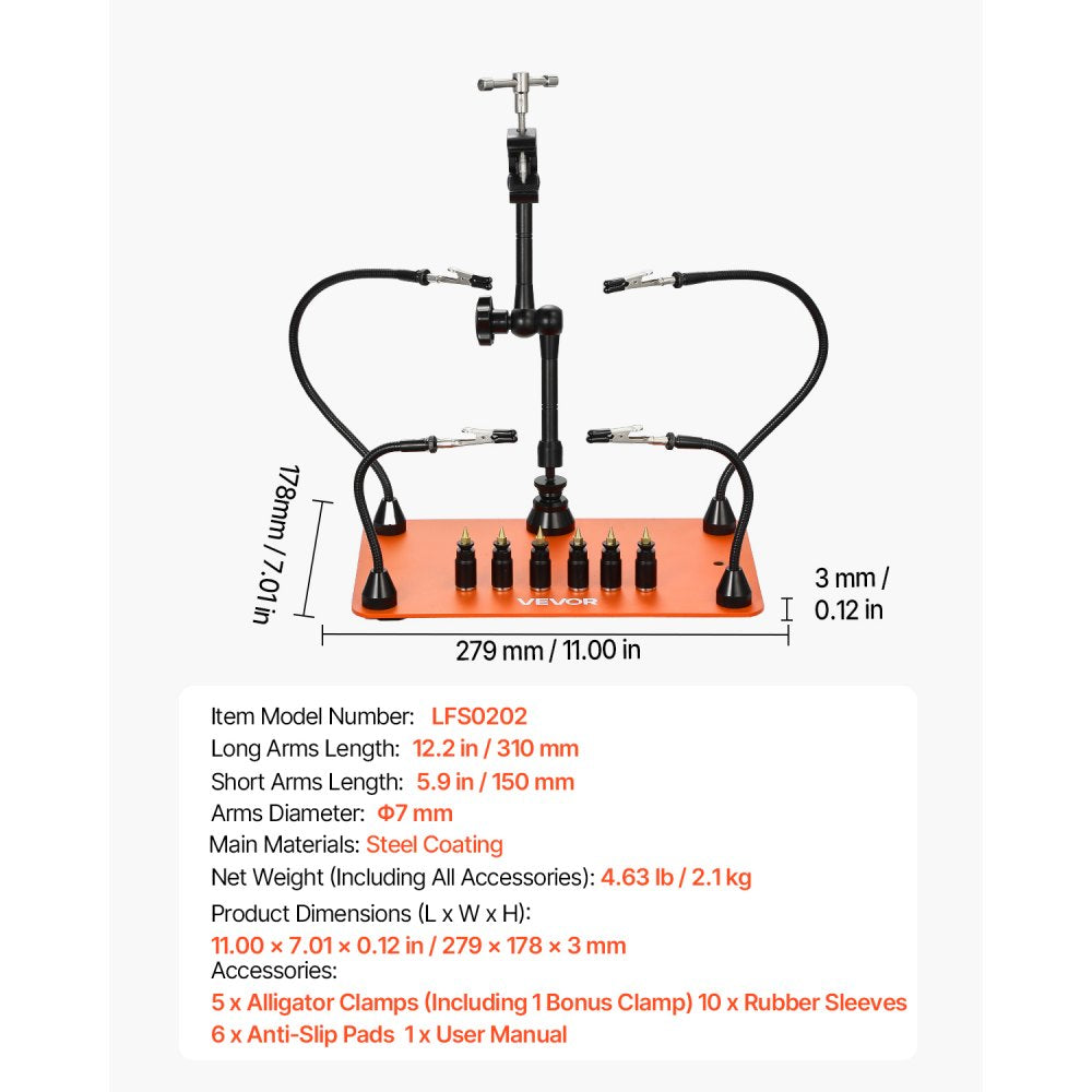 VEVOR Magnetic Helping Hands Soldering Station, 4 Flexible Arms Third Hand Tool, with 6 PCB Pillar Holders & 360 Hot Air Gun Holder, Heavy-Duty Base Soldering Helper for Electronic Repair Craft
