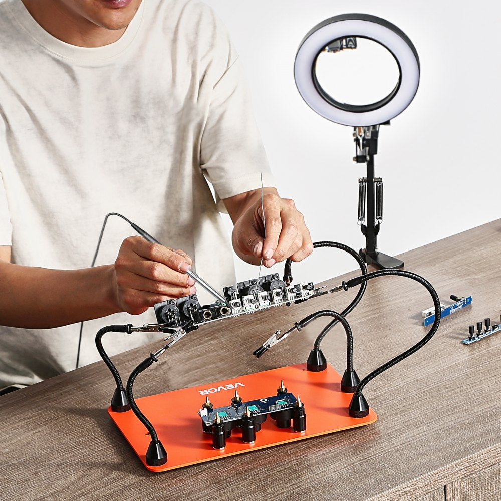 VEVOR Magnetic Helping Hands Soldering Station, 2-In-1 Third Hand Soldering Tool - 3X LED Magnifying Lamp & 5 Flexible Arms, 6 PCB Holders, Heavy-Duty Base Station for Electronic Repair Craft Hobby