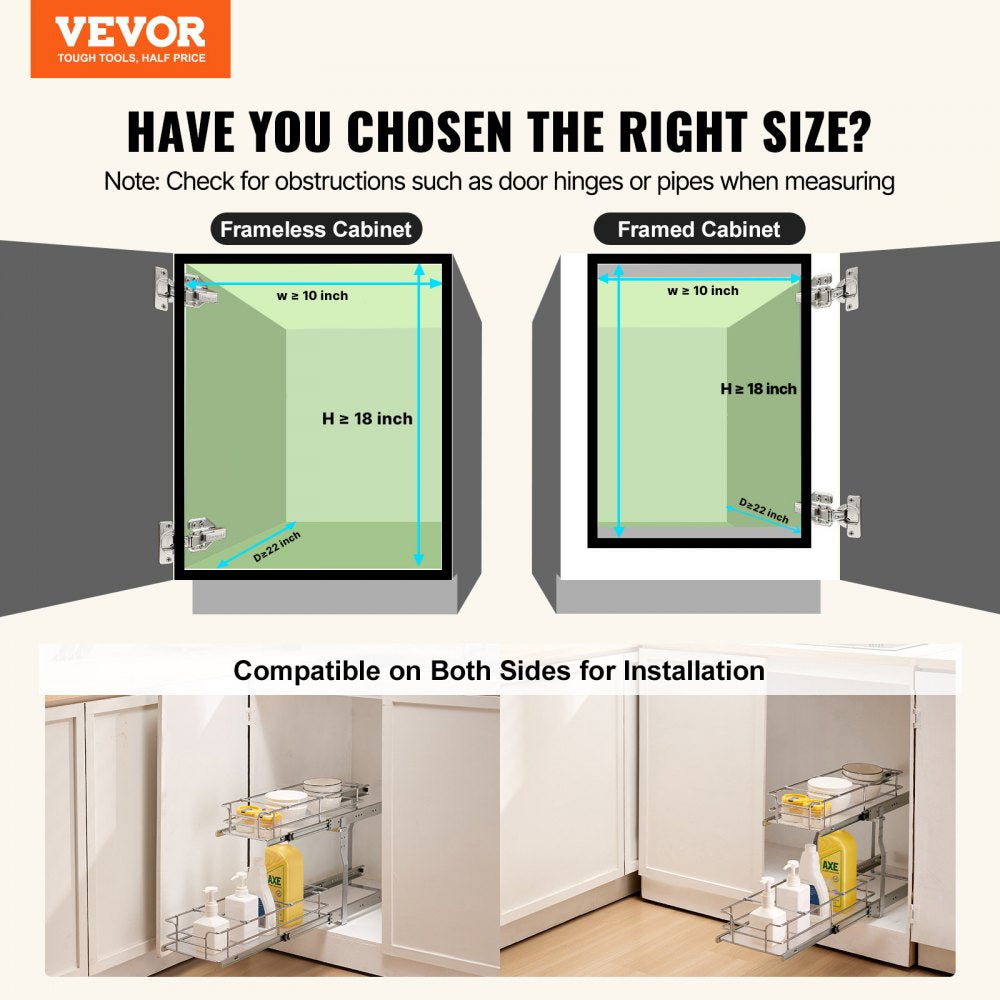 VEVOR 8.5"Wx21"Dx15"H Pull Out Cabinet Organizer, Heavy Duty Slide Out Pantry Shelves, Steel Roll Out Drawers, Sliding Drawer Storage for Home Under Sink, 10"Wx22"Dx18"H Install Size for Cabinet