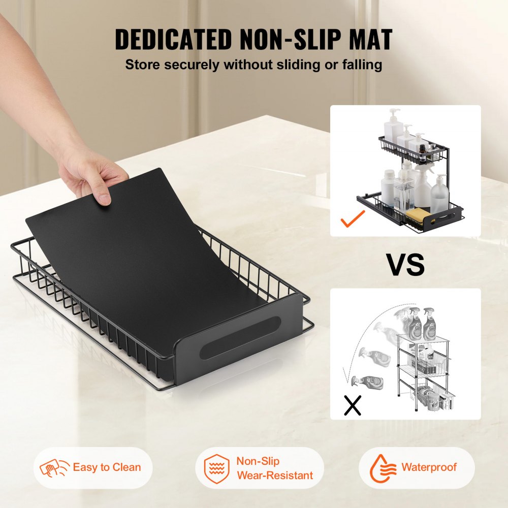 VEVOR 2 Tier Pull Out Cabinet Organizer(10.7"W x 14.2"D ), Under Sink Organizer and Storage, Slide Out Drawer Cabinet Organizer, Wire Basket Shelf, 25.5"Wx15.5"Dx13"H Install Size for Cabinet (2 Pack)