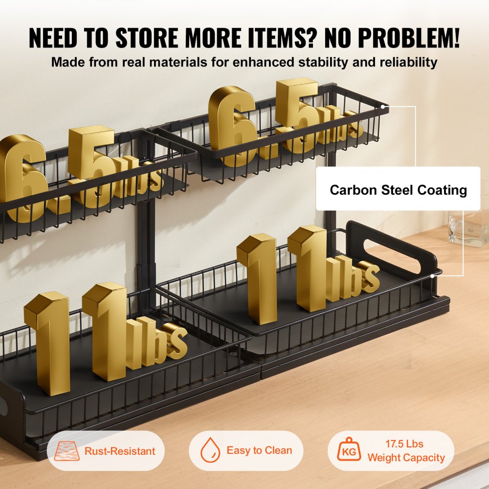 VEVOR 2 Tier Pull Out Cabinet Organizer(10.7"W x 14.2"D ), Under Sink Organizer and Storage, Slide Out Drawer Cabinet Organizer, Wire Basket Shelf, 25.5"Wx15.5"Dx13"H Install Size for Cabinet (2 Pack)