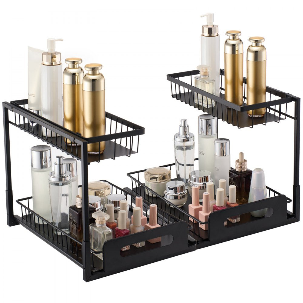 VEVOR 2 Tier Pull Out Cabinet Organizer(10.7"W x 14.2"D ), Under Sink Organizer and Storage, Slide Out Drawer Cabinet Organizer, Wire Basket Shelf, 25.5"Wx15.5"Dx13"H Install Size for Cabinet (2 Pack)