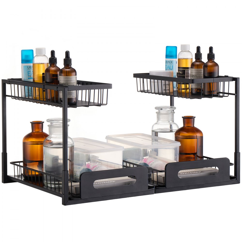 VEVOR 2 Tier Pull Out Cabinet Organizer(10.7"W x 14.2"D ), Under Sink Organizer and Storage, Slide Out Drawer Cabinet Organizer, Wire Basket Shelf, 25.5"Wx15.5"Dx13"H Install Size for Cabinet (2 Pack)