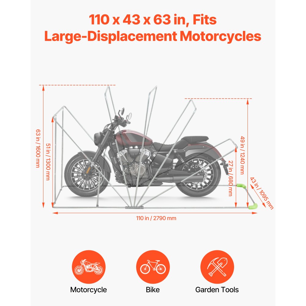 VEVOR Motorcycle Storage Shelter with Security Lock, 600D Oxford Flip-Up Garage Tent, Heavy-Duty All-Weather Motorcycle Cover with Ventilation Windows, 110 x 43 x 63 in Outdoor Vehicle Shelter, Black