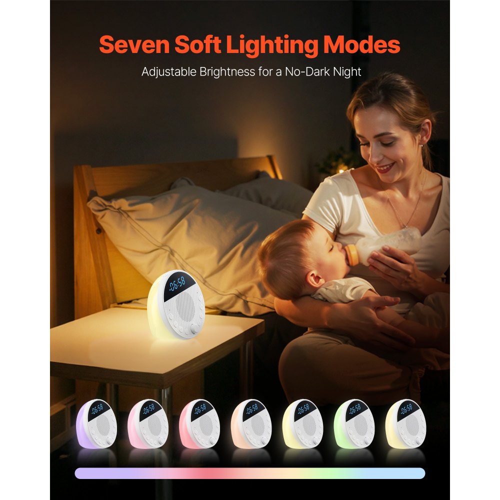 VEVOR Sound Machine, 18 Soothing Sleep Sounds and 7-Color Night Light, 5-in-1 White Noise Sound Machine with Dual Alarms, Auto-Off Timer and Memory Function, for Baby, Adults, Home, Office & Travel