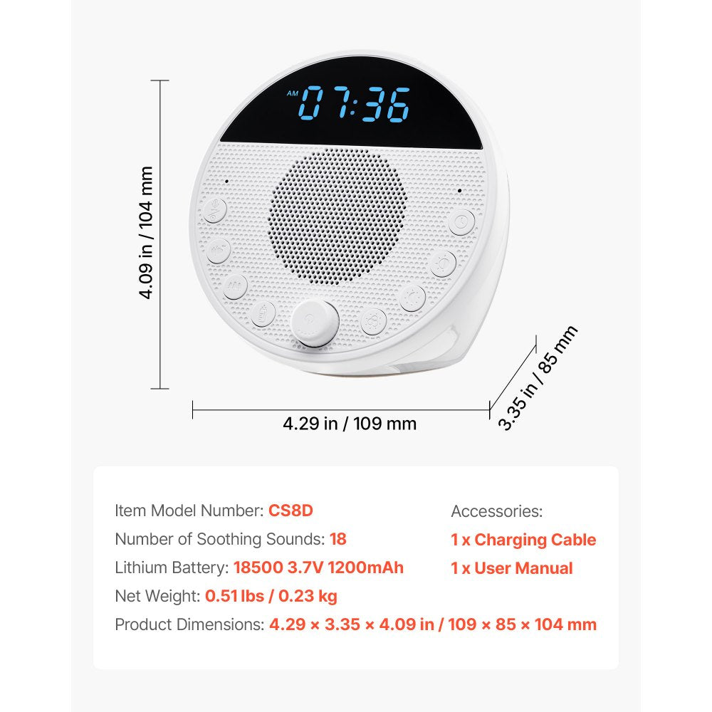 VEVOR Sound Machine, 18 Soothing Sleep Sounds, 7-Color Night Light, 6-in-1 White Noise Sound Machine with Dual Alarms, APP, Auto-Off Timer and Memory Function, for Baby, Adults, Home, Office & Travel