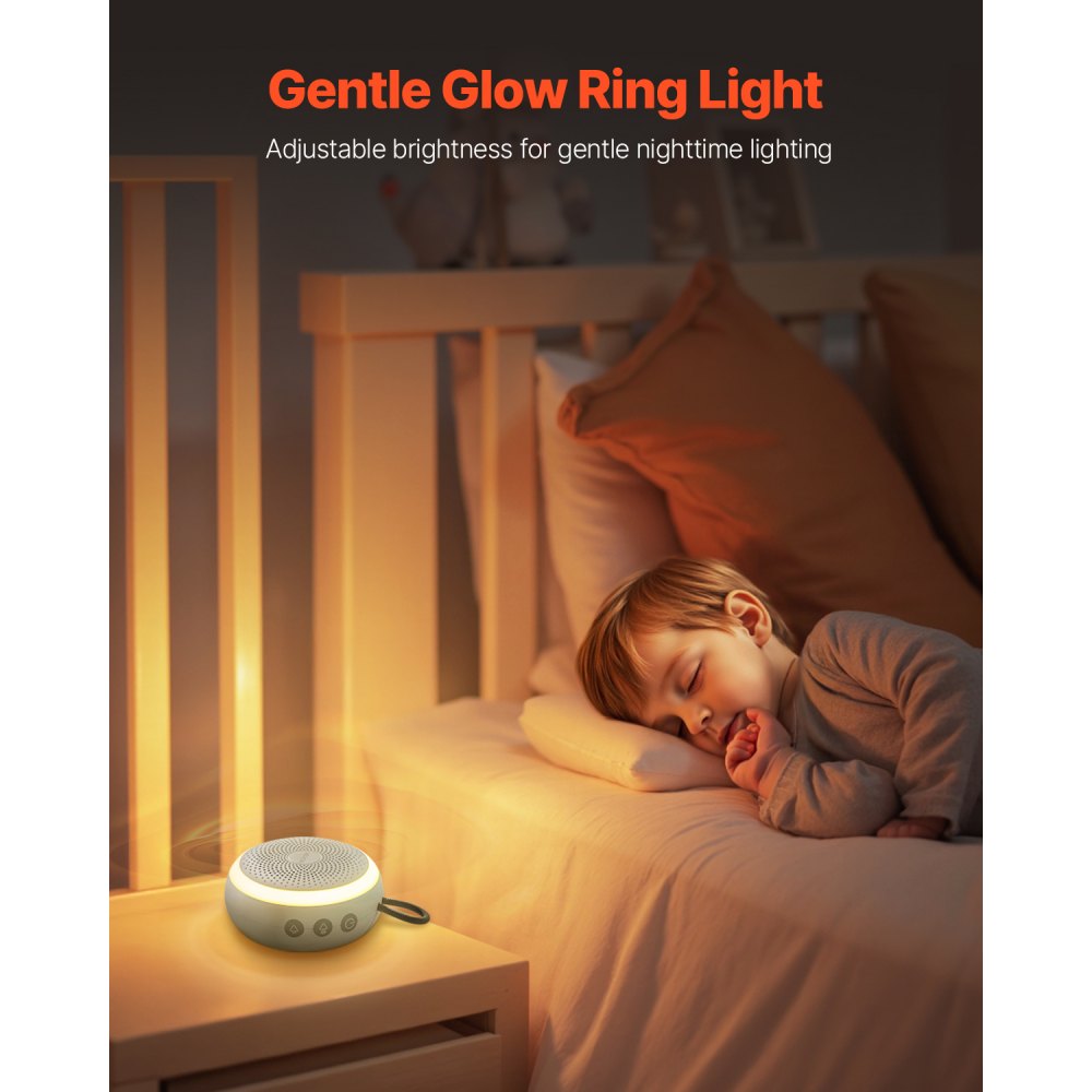 VEVOR Sound Machine, 20 Soothing Sleep Sounds, 4-in-1 Hangable White Noise Sound Machine with Auto-Off Timer, Soft Ring Light, Memory Function and Child Lock, for Baby, Adults, Home, Office & Travel
