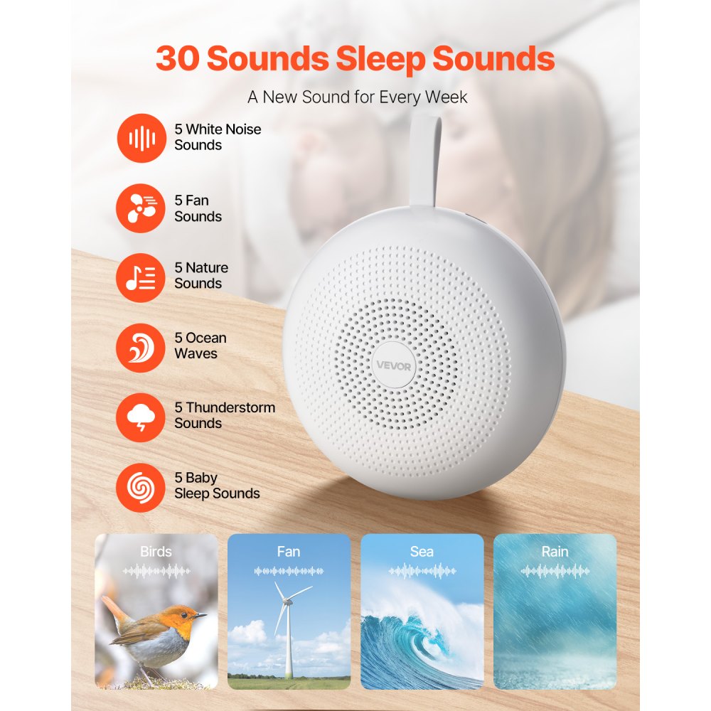 VEVOR Sound Machine, 30 Soothing Sleep Sounds, 3-in-1 Portable and Hangable White Noise Sound Machine with Auto-Off Timer, Soft Ring Light and Memory Function, for Baby, Adults, Home, Office & Travel