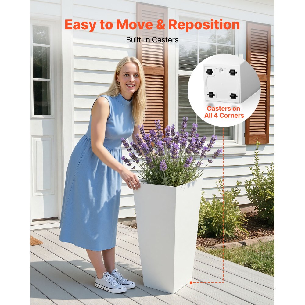 VEVOR Tall Planters Set of 2, 26 Inch Large Outdoor Taper Planters for Outdoor Indoor Plants, Front Porch Plastic Modern Flower Pots with Casters, Inner Pot & Drainage Holes for Patio, Garden, White