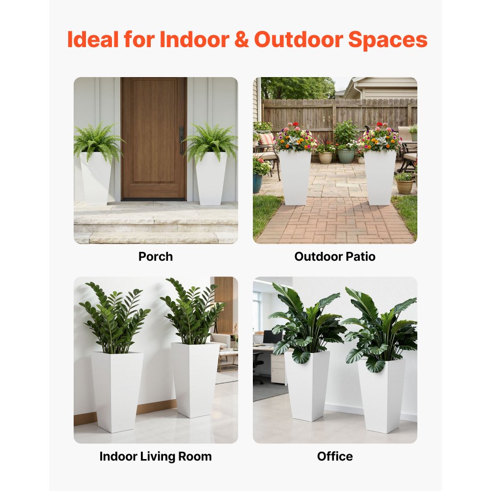 VEVOR Tall Planters Set of 2, 26 Inch Large Outdoor Taper Planters for Outdoor Indoor Plants, Front Porch Plastic Modern Flower Pots with Casters, Inner Pot & Drainage Holes for Patio, Garden, White