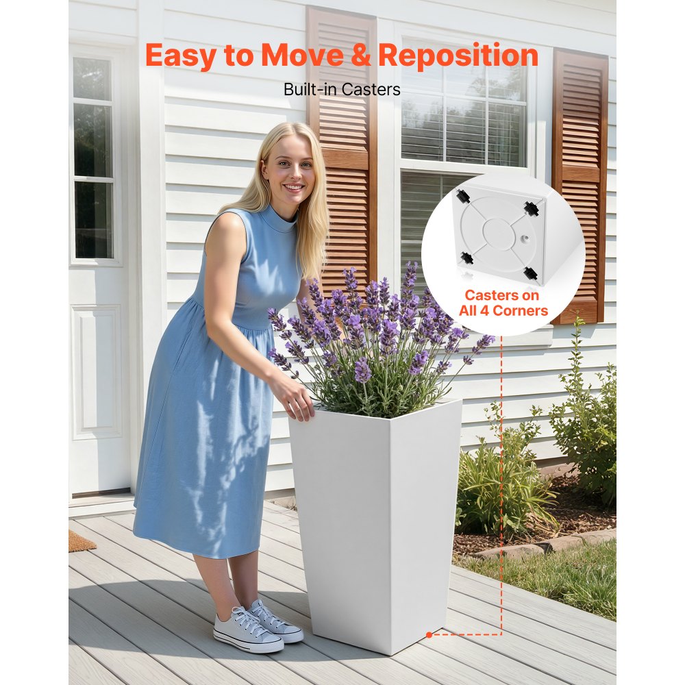VEVOR Tall Planters Set of 2, 30 Inch Large Outdoor Taper Planters for Outdoor Indoor Plants, Front Porch Plastic Modern Flower Pots with Casters, Inner Pot & Drainage Holes for Patio, Garden, White