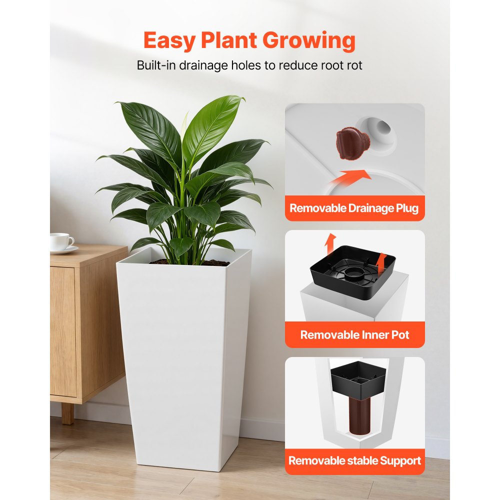 VEVOR Tall Planters Set of 2, 30 Inch Large Outdoor Taper Planters for Outdoor Indoor Plants, Front Porch Plastic Modern Flower Pots with Casters, Inner Pot & Drainage Holes for Patio, Garden, White