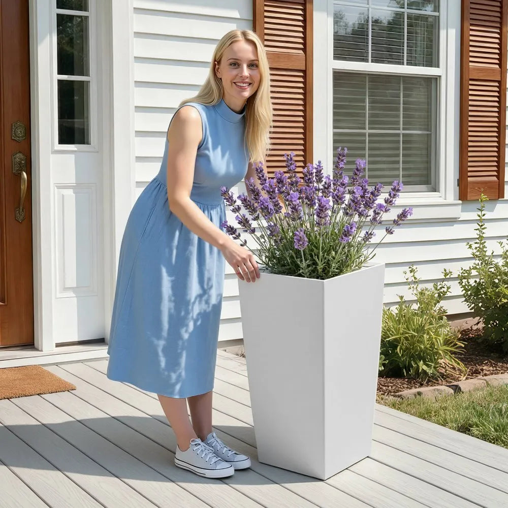 VEVOR Tall Planters Set of 2, 30 Inch Large Outdoor Taper Planters for Outdoor Indoor Plants, Front Porch Plastic Modern Flower Pots with Casters, Inner Pot & Drainage Holes for Patio, Garden, White