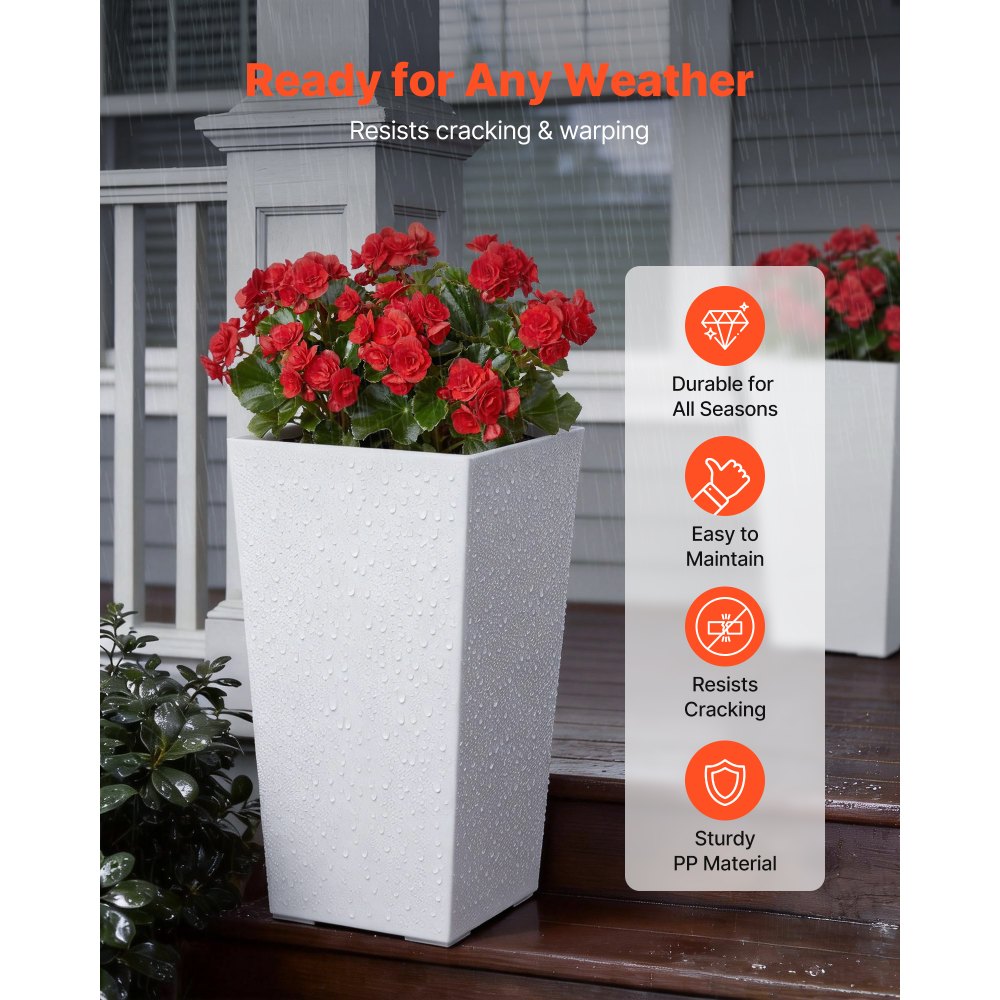 VEVOR Tall Planters Set of 2, 22 Inch Large Outdoor Taper Planters for Outdoor Indoor Plants, Front Porch Plastic Modern Flower Pots with Casters, Inner Pot & Drainage Holes for Patio, Garden, White