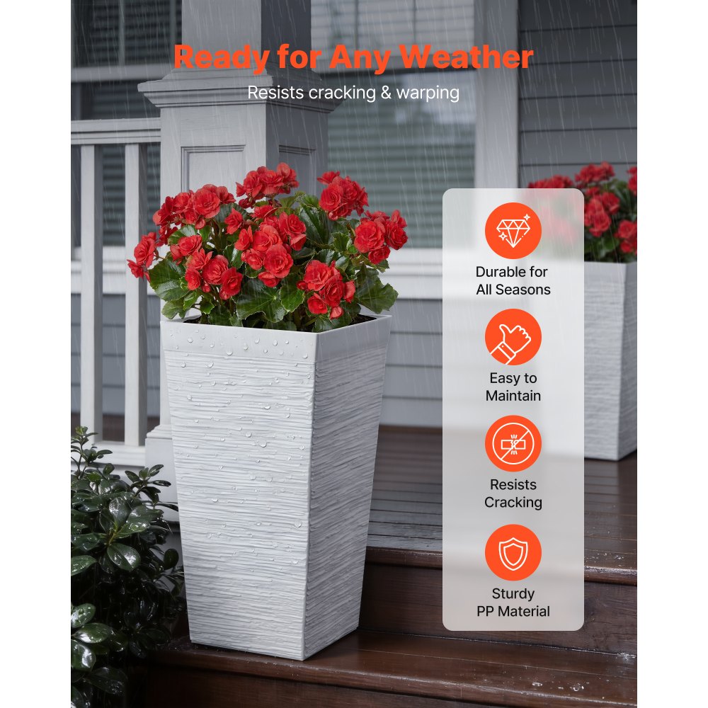 VEVOR Tall Planters Set of 2, 23 Inch Large Outdoor Taper Planters for Outdoor Indoor Plants, Front Porch Plastic Modern Flower Pots with Casters, Inner Pot & Drainage Holes for Patio, Garden, White