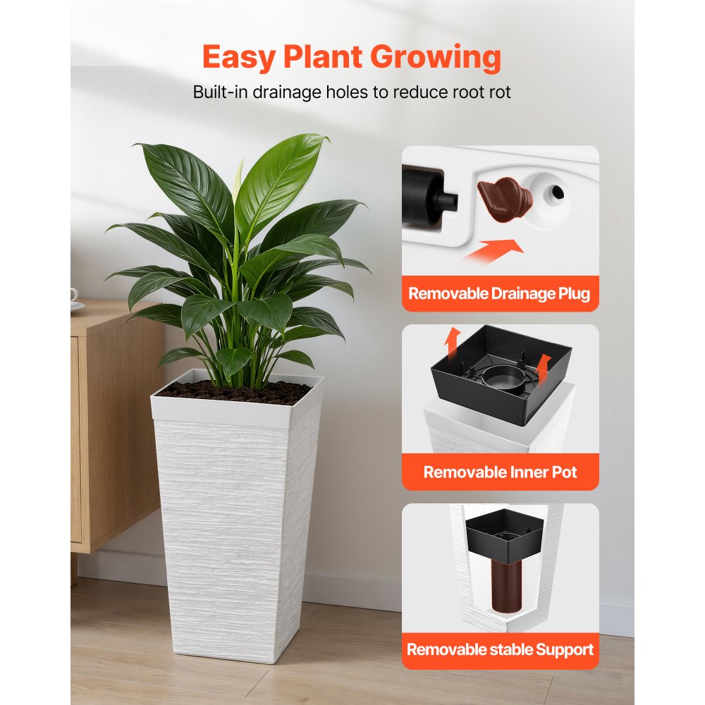 VEVOR Tall Planters Set of 2, 23 Inch Large Outdoor Taper Planters for Outdoor Indoor Plants, Front Porch Plastic Modern Flower Pots with Casters, Inner Pot & Drainage Holes for Patio, Garden, White