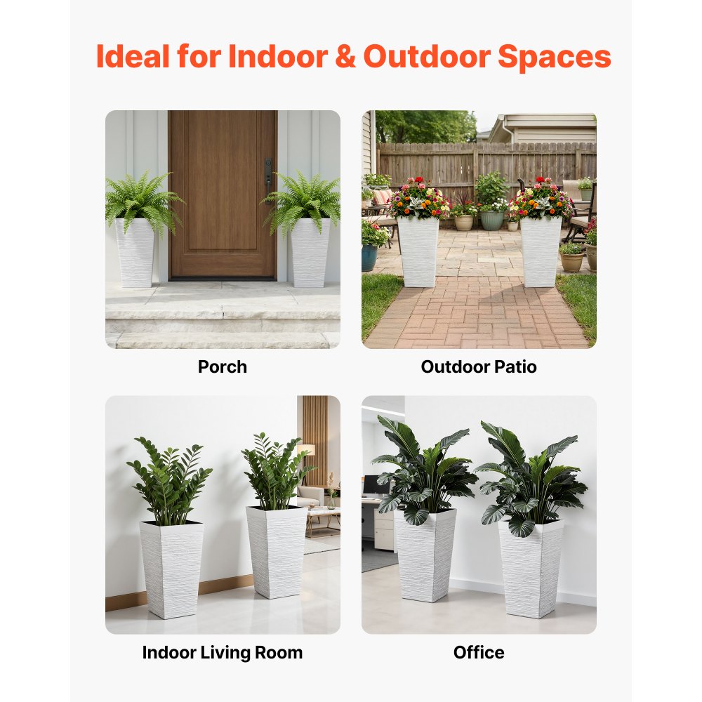 VEVOR Tall Planters Set of 2, 23 Inch Large Outdoor Taper Planters for Outdoor Indoor Plants, Front Porch Plastic Modern Flower Pots with Casters, Inner Pot & Drainage Holes for Patio, Garden, White