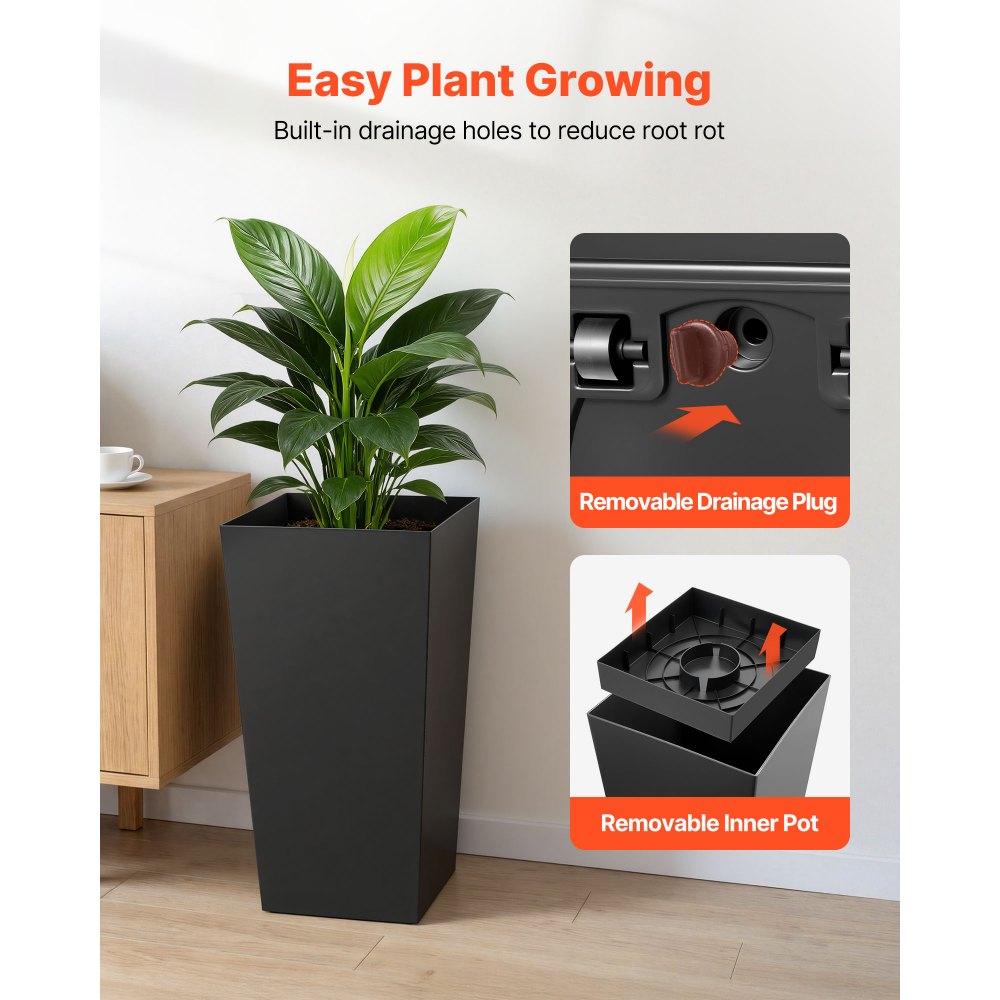 VEVOR Tall Planters Set of 2, 26 Inch Large Outdoor Taper Planters for Outdoor Indoor Plants, Front Porch Plastic Modern Flower Pots with Casters, Inner Pot & Drainage Holes for Patio, Garden, Black