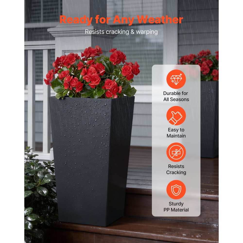 VEVOR Tall Planters Set of 2, 30 Inch Large Outdoor Taper Planters for Outdoor Indoor Plants, Front Porch Plastic Modern Flower Pots with Casters, Inner Pot & Drainage Holes for Patio, Garden, Black