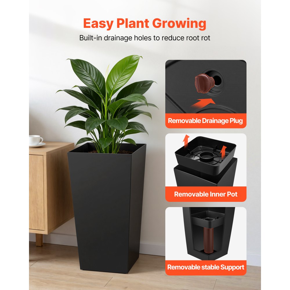 VEVOR Tall Planters Set of 2, 30 Inch Large Outdoor Taper Planters for Outdoor Indoor Plants, Front Porch Plastic Modern Flower Pots with Casters, Inner Pot & Drainage Holes for Patio, Garden, Black