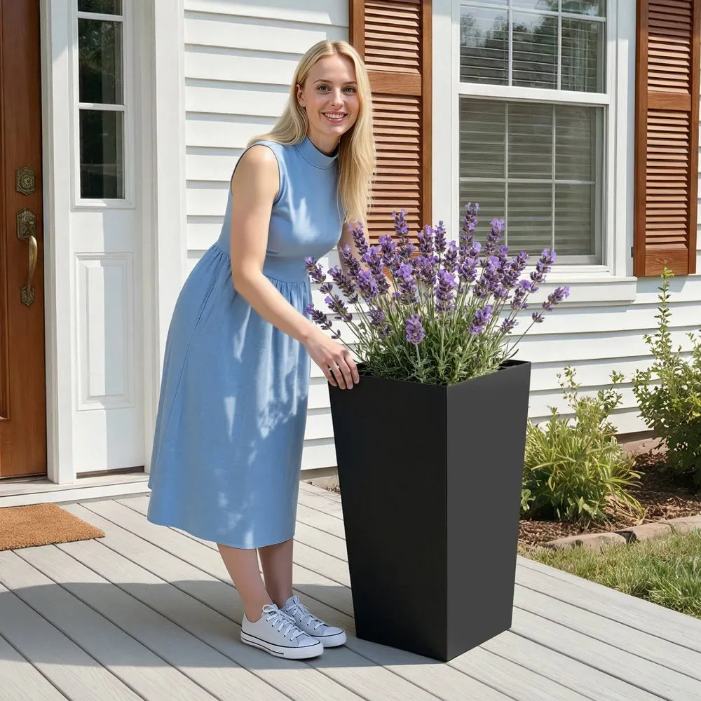 VEVOR Tall Planters Set of 2, 30 Inch Large Outdoor Taper Planters for Outdoor Indoor Plants, Front Porch Plastic Modern Flower Pots with Casters, Inner Pot & Drainage Holes for Patio, Garden, Black