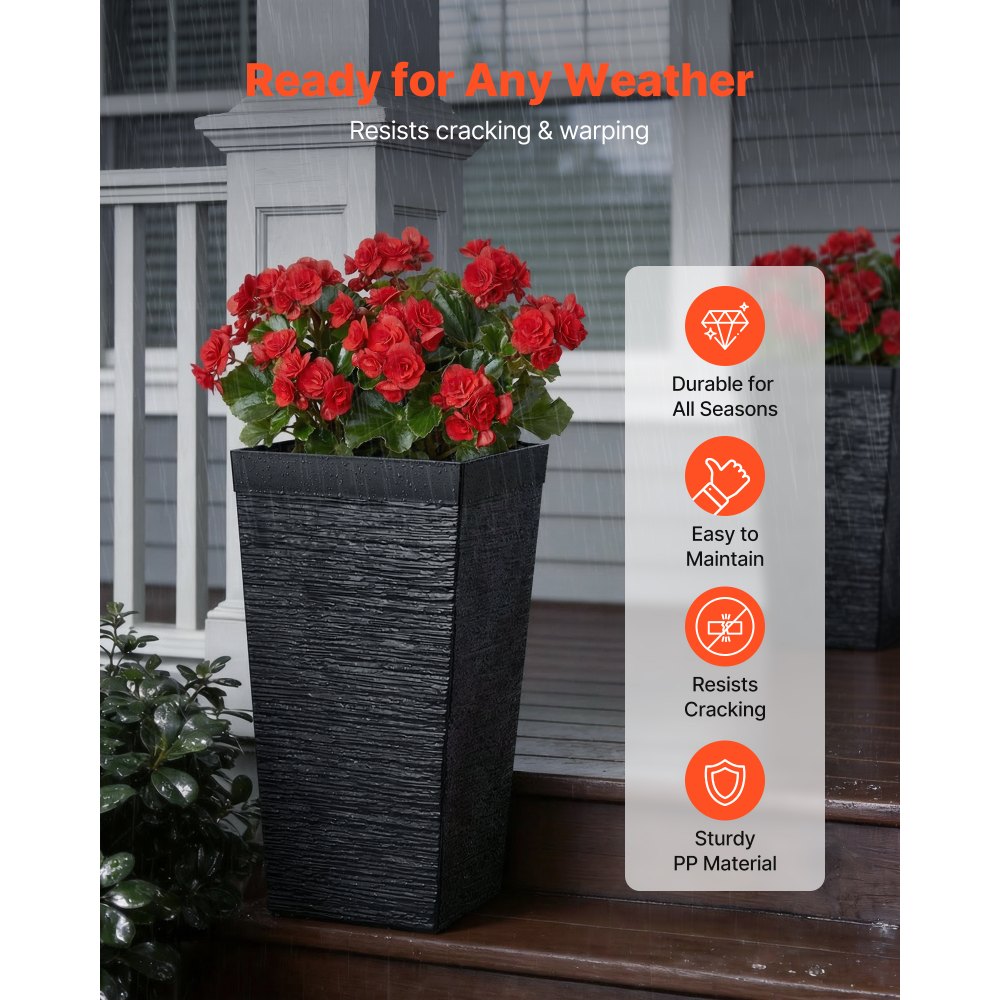 VEVOR Tall Planters Set of 2, 23 Inch Large Outdoor Taper Planters for Outdoor Indoor Plants, Front Porch Plastic Modern Flower Pots with Casters, Inner Pot & Drainage Holes for Patio, Garden, Black