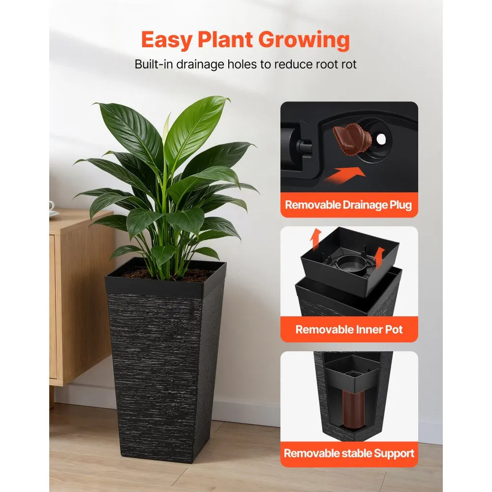 VEVOR Tall Planters Set of 2, 23 Inch Large Outdoor Taper Planters for Outdoor Indoor Plants, Front Porch Plastic Modern Flower Pots with Casters, Inner Pot & Drainage Holes for Patio, Garden, Black