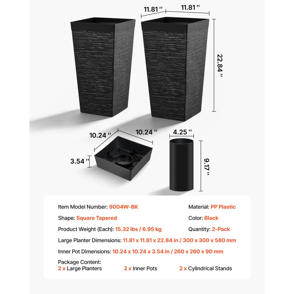 VEVOR Tall Planters Set of 2, 23 Inch Large Outdoor Taper Planters for Outdoor Indoor Plants, Front Porch Plastic Modern Flower Pots with Casters, Inner Pot & Drainage Holes for Patio, Garden, Black
