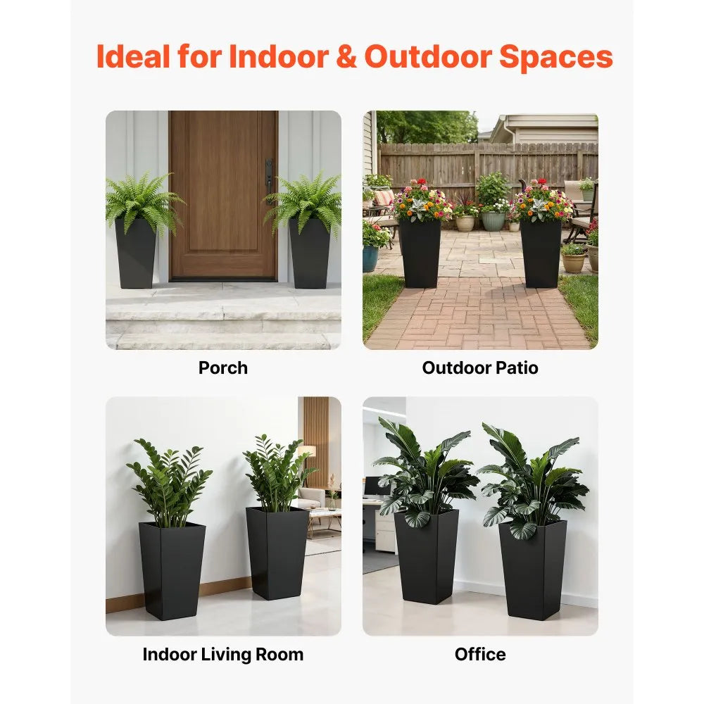 VEVOR Tall Planters Set of 2, 22 Inch Large Outdoor Taper Planters for Outdoor Indoor Plants, Front Porch Plastic Modern Flower Pots with Casters, Inner Pot & Drainage Holes for Patio, Garden, Black