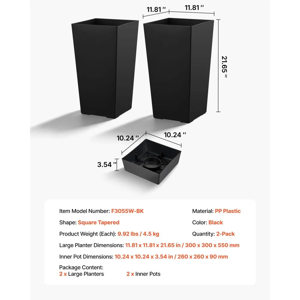 VEVOR Tall Planters Set of 2, 22 Inch Large Outdoor Taper Planters for Outdoor Indoor Plants, Front Porch Plastic Modern Flower Pots with Casters, Inner Pot & Drainage Holes for Patio, Garden, Black