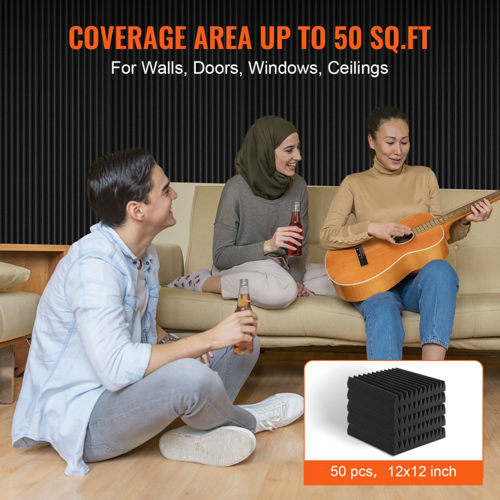 VEVOR Acoustic Foam Panels, 50 Pack 12 x 12 x 2 inches, High Density Soundproof Wall Panels,Fire-Resistant Acoustic Panels,Sound Dampening Absorbing Panels for Studio Wall and Ceiling,Black