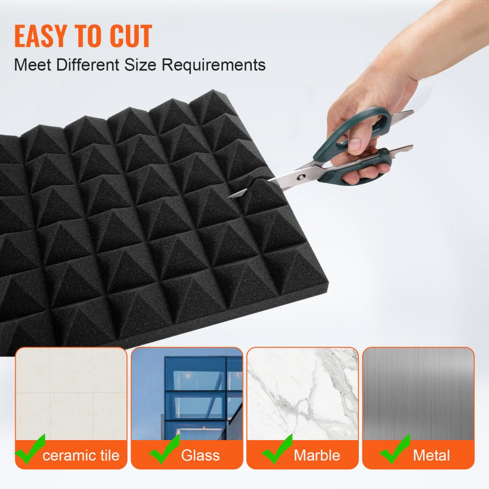 VEVOR Acoustic Foam Panels, 24 Pack 12 x 12 x 2 inches, Pyramid Soundproof Wall Panels,Fire-Resistant Acoustic Panels,Sound Dampening Absorbing Panels for Studio Wall and Ceiling,Black