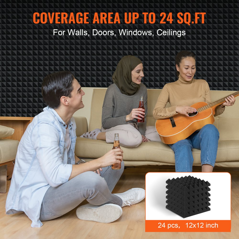 VEVOR Acoustic Foam Panels, 24 Pack 12 x 12 x 2 inches, Pyramid Soundproof Wall Panels,Fire-Resistant Acoustic Panels,Sound Dampening Absorbing Panels for Studio Wall and Ceiling,Black