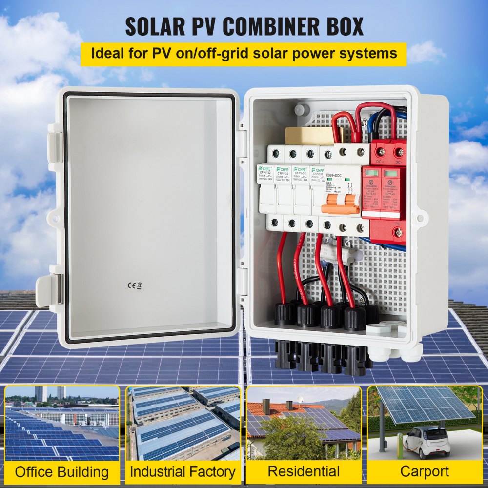VEVOR PV Combiner Box, 4 String, Solar Combiner Box with 15A Rated Current Fuse 63A Circuit Breaker Lightning Arrester and Solar Connector, ABS Plastic Case for On / Off Grid Solar Panel System, IP65