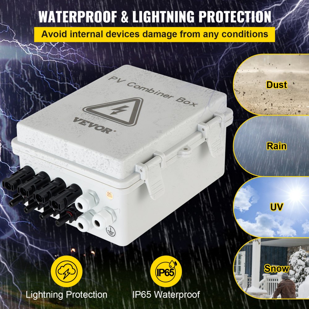 VEVOR PV Combiner Box, 4 String, Solar Combiner Box with 15A Rated Current Fuse 63A Circuit Breaker Lightning Arrester and Solar Connector, ABS Plastic Case for On / Off Grid Solar Panel System, IP65
